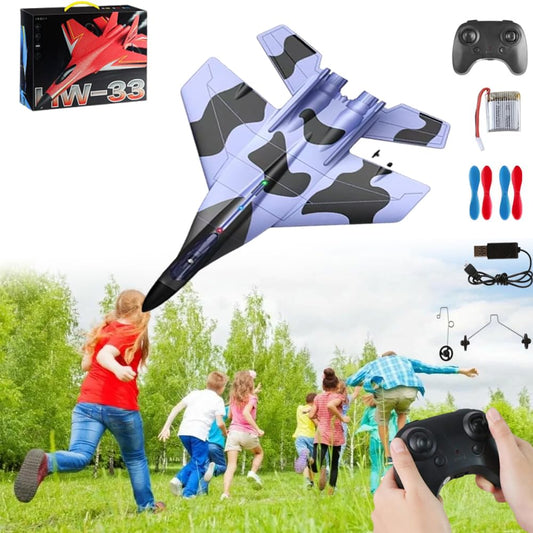 Glider Remote Control Airplane, 2.4GHz RC Glider with LED Lights,Trick 4 Rotor Aircraft Drone,Anti-Collision Silicone Nose,Glider Flying Toys with Foam Design for Kids (Dark Blue)